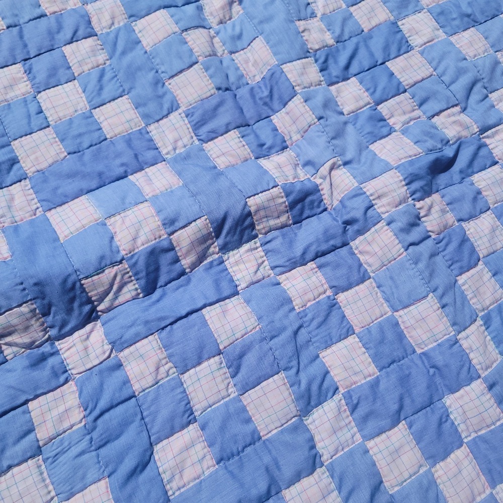 Vintage Handmade Hand Stitched Patchwork Quilt Bedspread 80x92 Blue Pink - Picture 4 of 9
